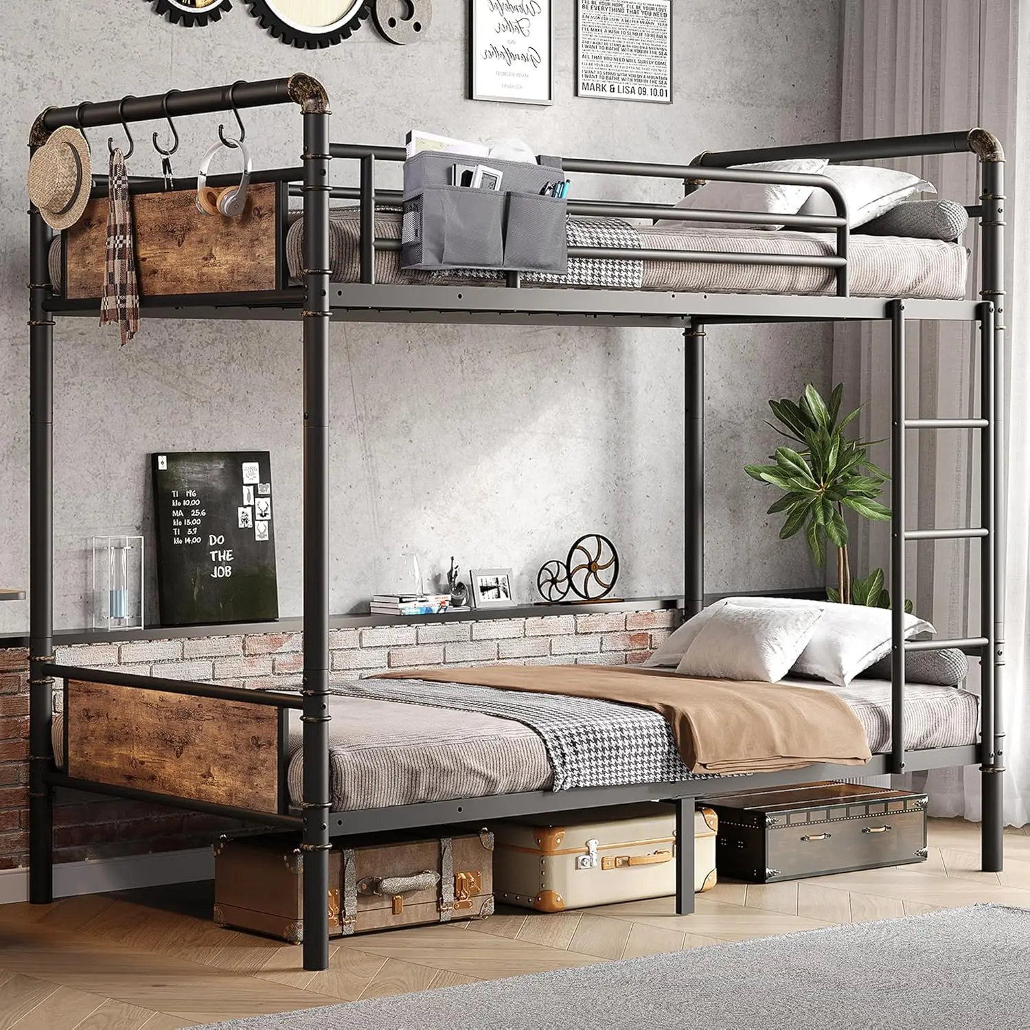 

Metal Bunk Bed Twin Over Twin, Industrial Bunkbeds Heavy Duty Bed with Safety Guard Rails and Space-Saving Design, Steel