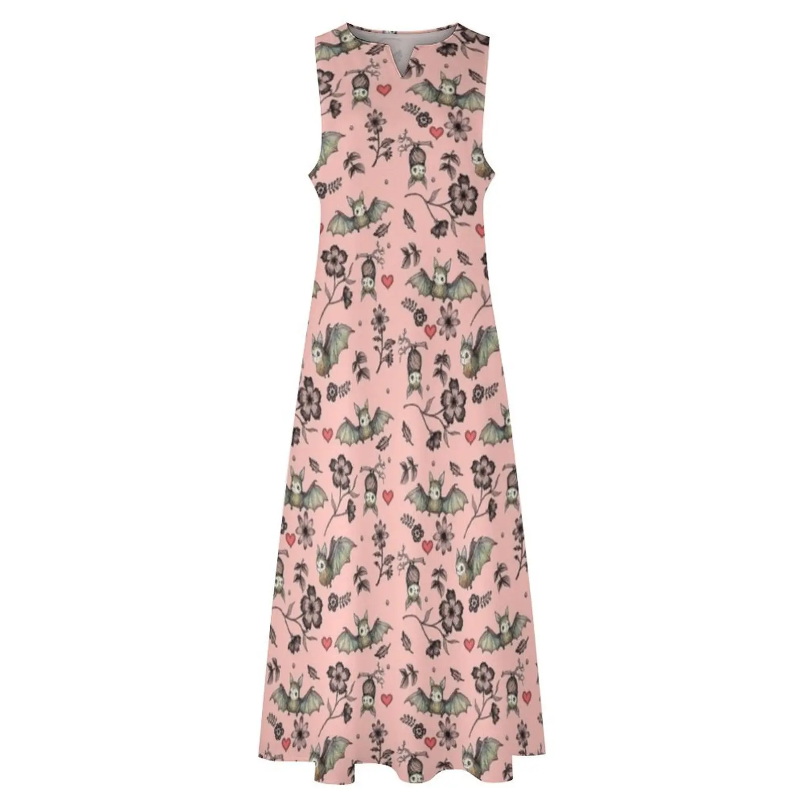 Süße Fledermäuse, rosa Blumenmuster mit Fledermäusen und Herzen, langes Kleid, Kleid für Damen, Sommerkleidung für Damen