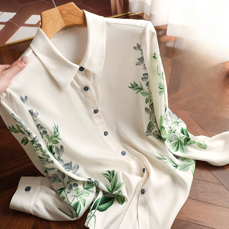 

Satin Women's Shirts Summer 2023 New Silk Prints Blouses Loose Long Sleeves Ladies Clothing Polo-Neck Casual Tops