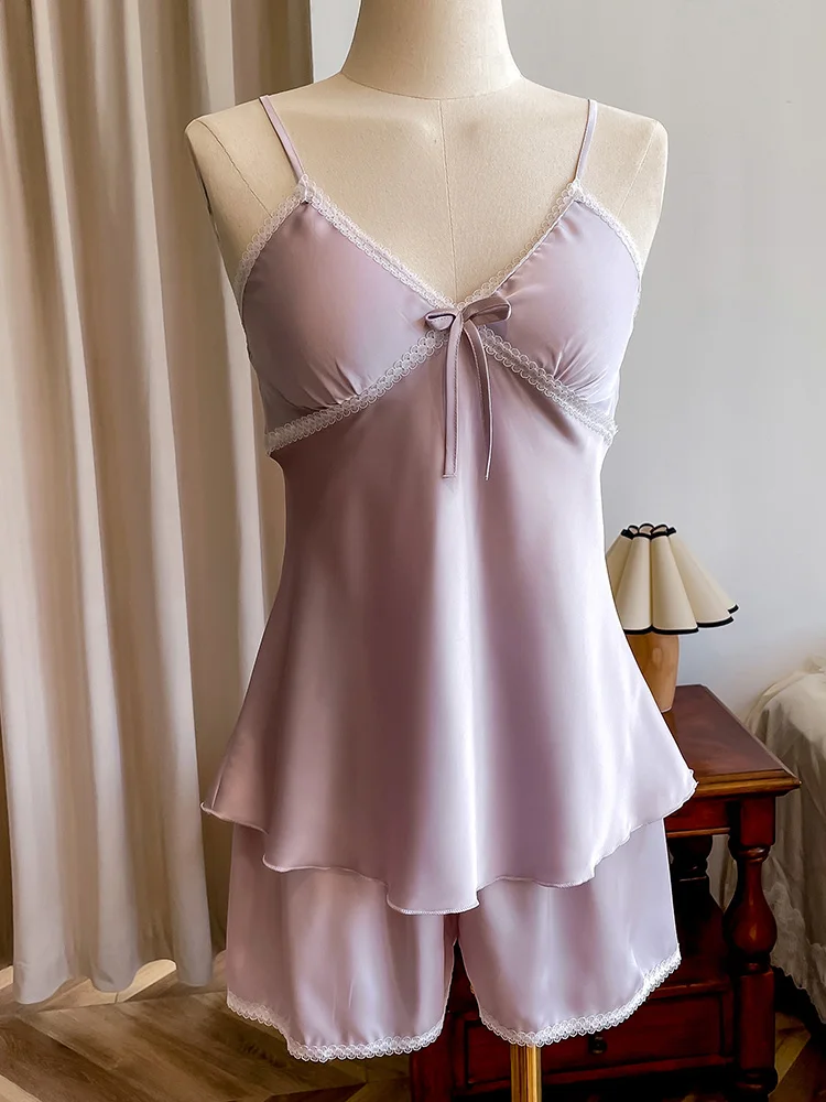 

New 19 Mu Mi Su Crepe Satin 100% Mulberry Silk Strap Shorts Set Home Clothes