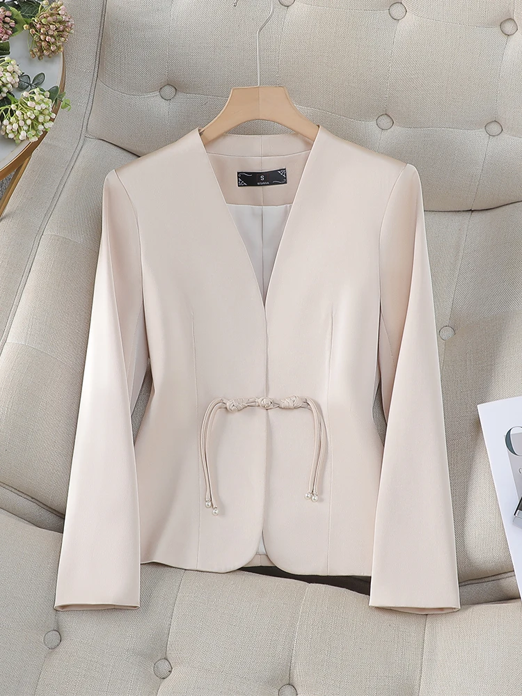 

Elegant Women Blazer Ladies Apricot White Black Solid V-Neck Female Business Work Wear Slim Formal Jacket For Autumn Winter