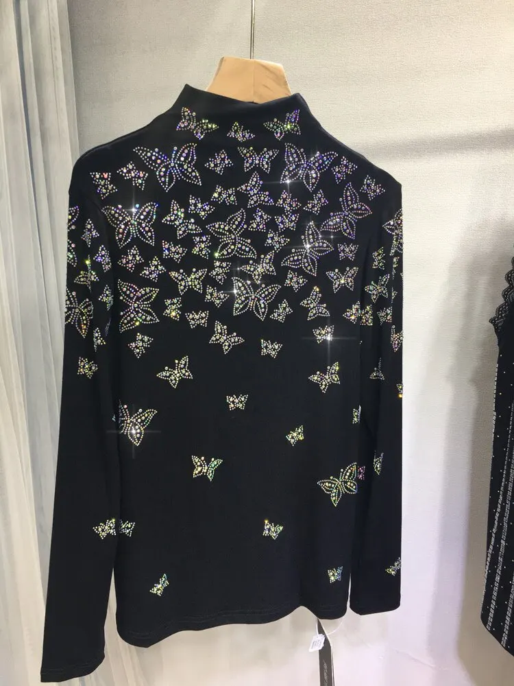 2026 New Spring Autumn Half High Collar Women Pullover Top Luxury Butterfly Hot Diamonds Large Size Long Sleeve Cotton T-shirt