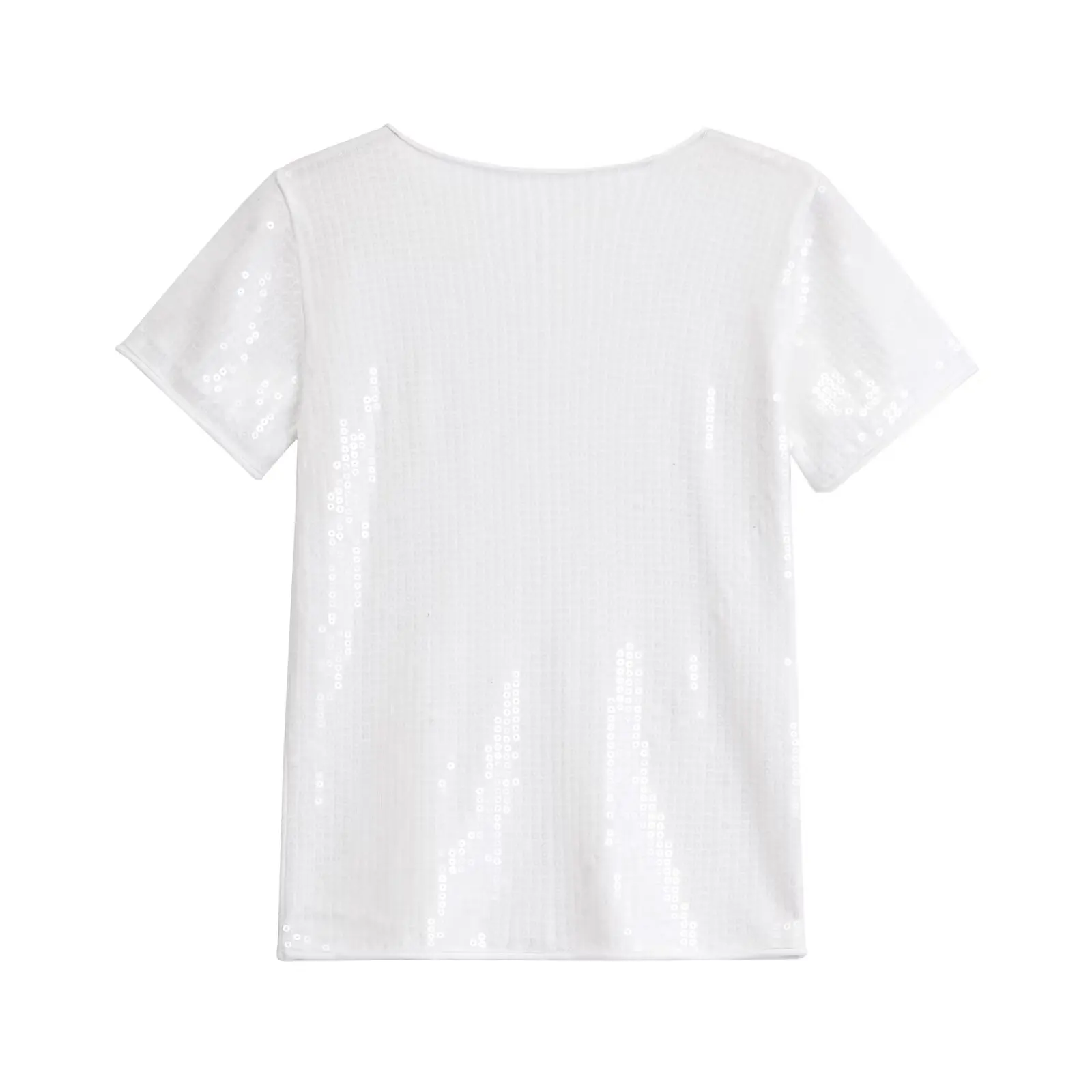 TRAFZA Pullover For Summer Women New Top White Solid O-Neck Short Sleeves Sequin Decoration Sweater Versatile Street Wear Mujer