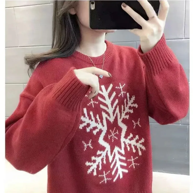 

New Christmas Snowflake New Year Sweater Autumn and Winter Thickened Base Strong Fashionable Loose Knitted Sweater Top