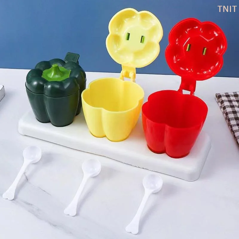 [J] Chili Shape Plastic Seasoning Box 2026 New Household 3pcs/set Handle Splicing Apothecary Jar Kitchen Salt Shaker With Scoop