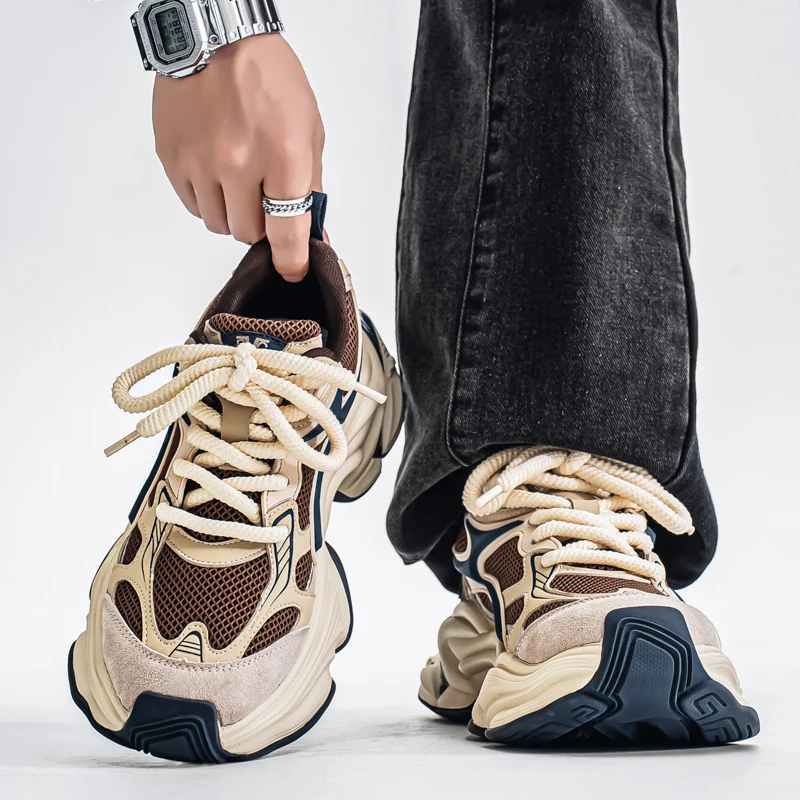 Herren-Dad-Sneaker, atmungsaktives Obermaterial aus großem Mesh, dicke Juteschnürsenkel, farblich abgesetzte dicke Sohle, höhenvergrößernd und rutschfest, retro-trendiger Stil, mehrere Farboptionen verfügbar, vielseitige Freizeitschuhe für den täglichen Arbeitsweg und die Straßenmode. – Detail 2