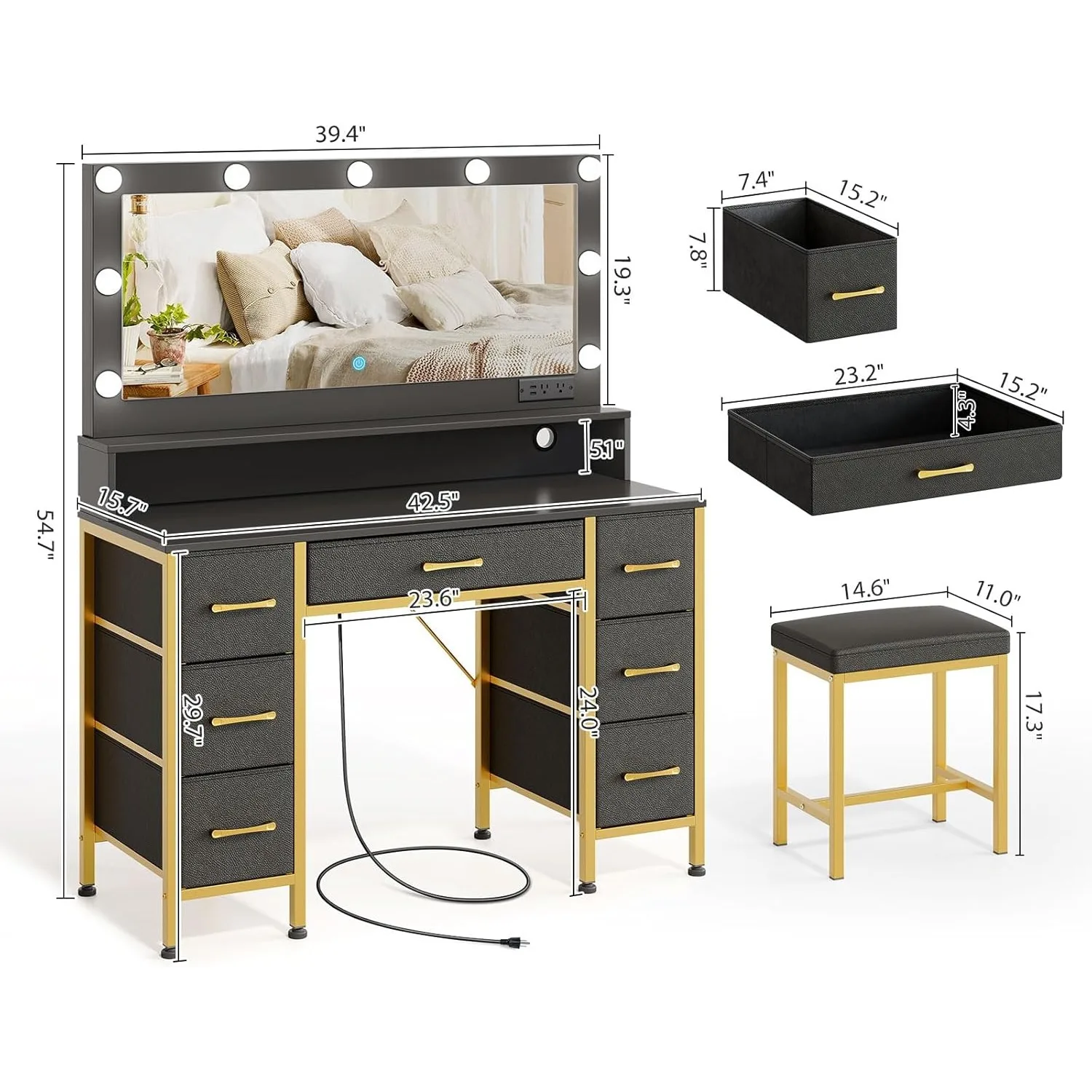 Vanity Desk with Mirror and Lights, Makeup Vanity with Upholstered Vanity Stool, 7 Drawers, 9 Dimmable LED Bulbs, Vanity Set image 6