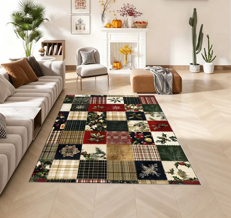 Christmas Plaid Holly Patchwork Area Rug