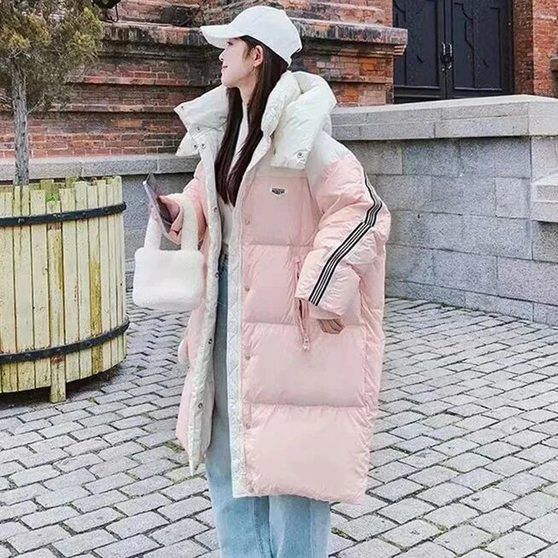 90 Chaqueta larga cálida de plumón de pato blanco para mujer, chaquetas largas con capucha de invierno para mujer, abrigos acolchados a rayas empalmados, Parka