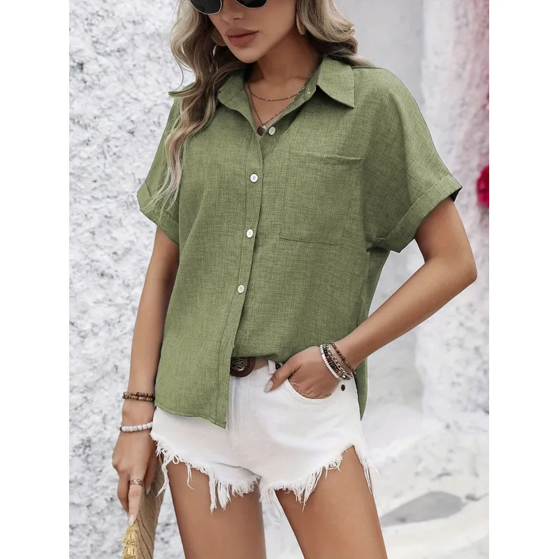 

Женская шифоновая блузка с коротким рукавом и карманом SVE, модная коллекция Весна 2026, устойчивая к деформации, другие стили, другие ткани