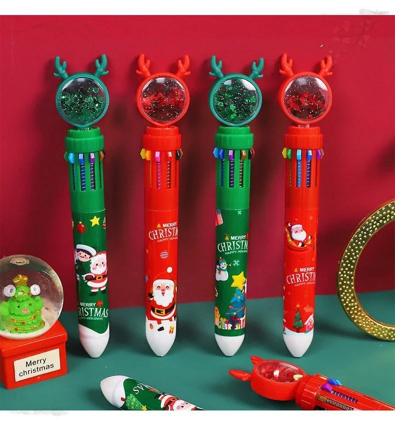 12 Pcs Christmas-Themed Stationery for Students 10-Color Ballpoint Pens with Multi-Colored Ink for Note Taking and Highlighting