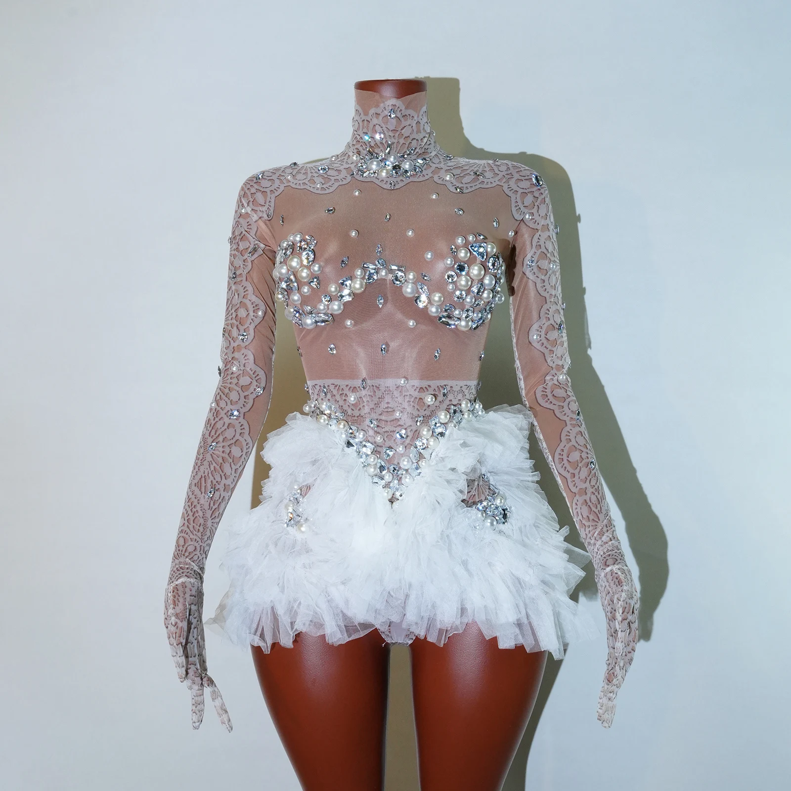 Funkelnder Strass-Body für Damen, elastisches Netz, Rüschen, Kristall-Trikot, Nachtclub, Tänzerin, Kostüm, Bühnenkleidung, Party, Bar, Lied-Outfit