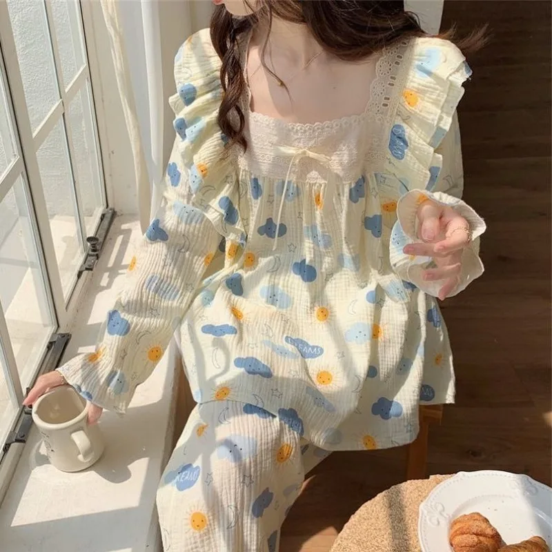 Pijama estampado de encaje para mujer, ropa de dormir Kawaii, conjuntos de pijama de manga larga, pantalones de moda coreana, primavera y otoño