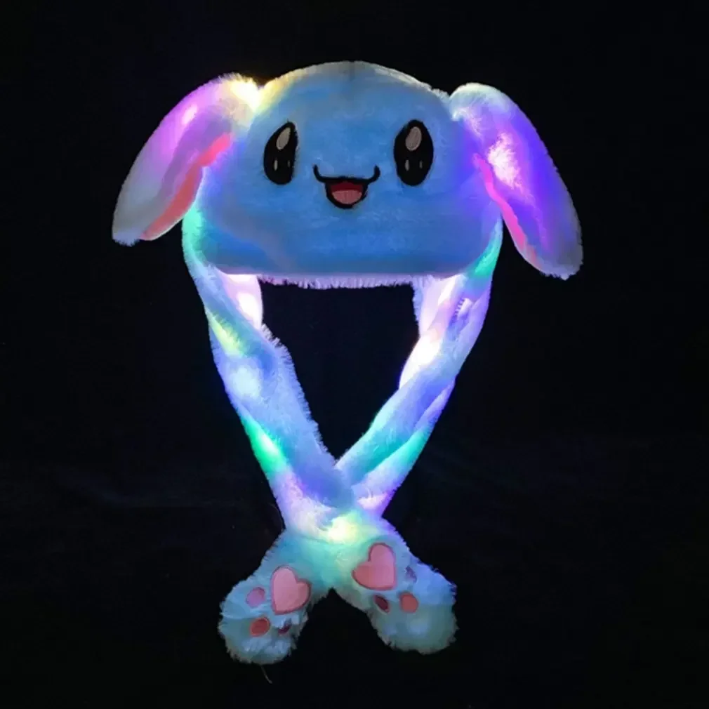 New Kawaii Plush LED Glowing Rabbit Ears Hat Lovely Luminous Kids Adult Plush Hand Pinch Cap Moving Ears Hat with Earflap Gifts