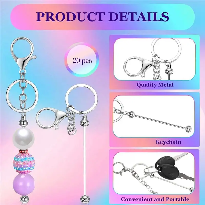 AS94-20 Pcs Beadable Keychain Bars Metal Beaded Blank Keychains Charms DIY Keychain Supplies Bulk Gold&Silver