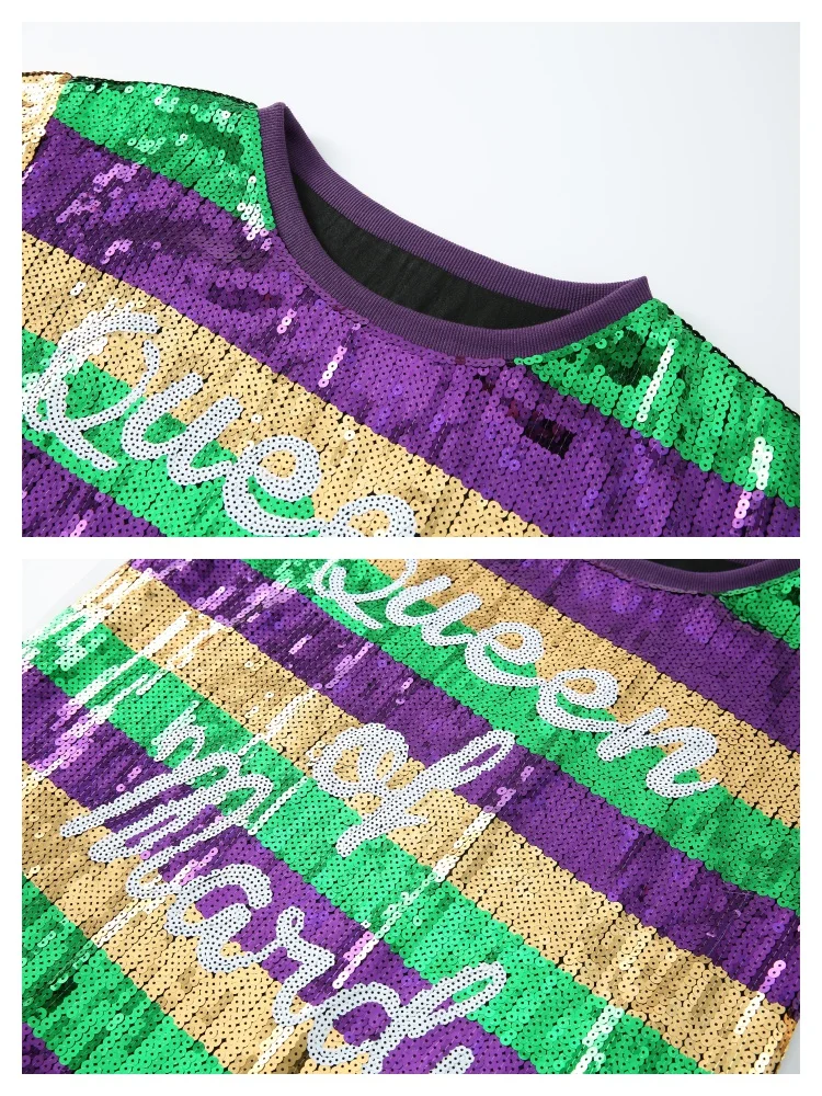 Robe t-shirt à paillettes reine de Mardi Gras, manches courtes, or, violet, vert, paillettes, robe de soirée pour femmes