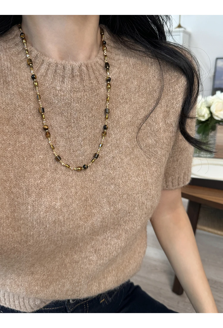 Yesy-Tiger Eye Stone Coffee Necklaces for Women, Female Long Necklace, Original Design, Fashionable Sweater Chain