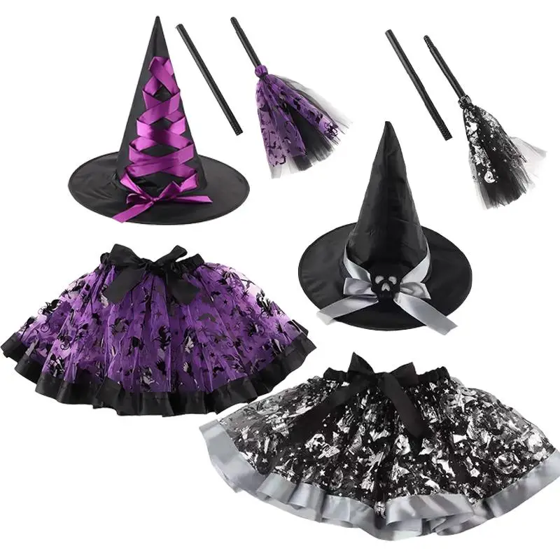 

Halloween Witch Cosplay Tutu Skirt Hat Wizard Clothes Accessories Outfit Children Stage Performance Carnival Party Dress Up Suit