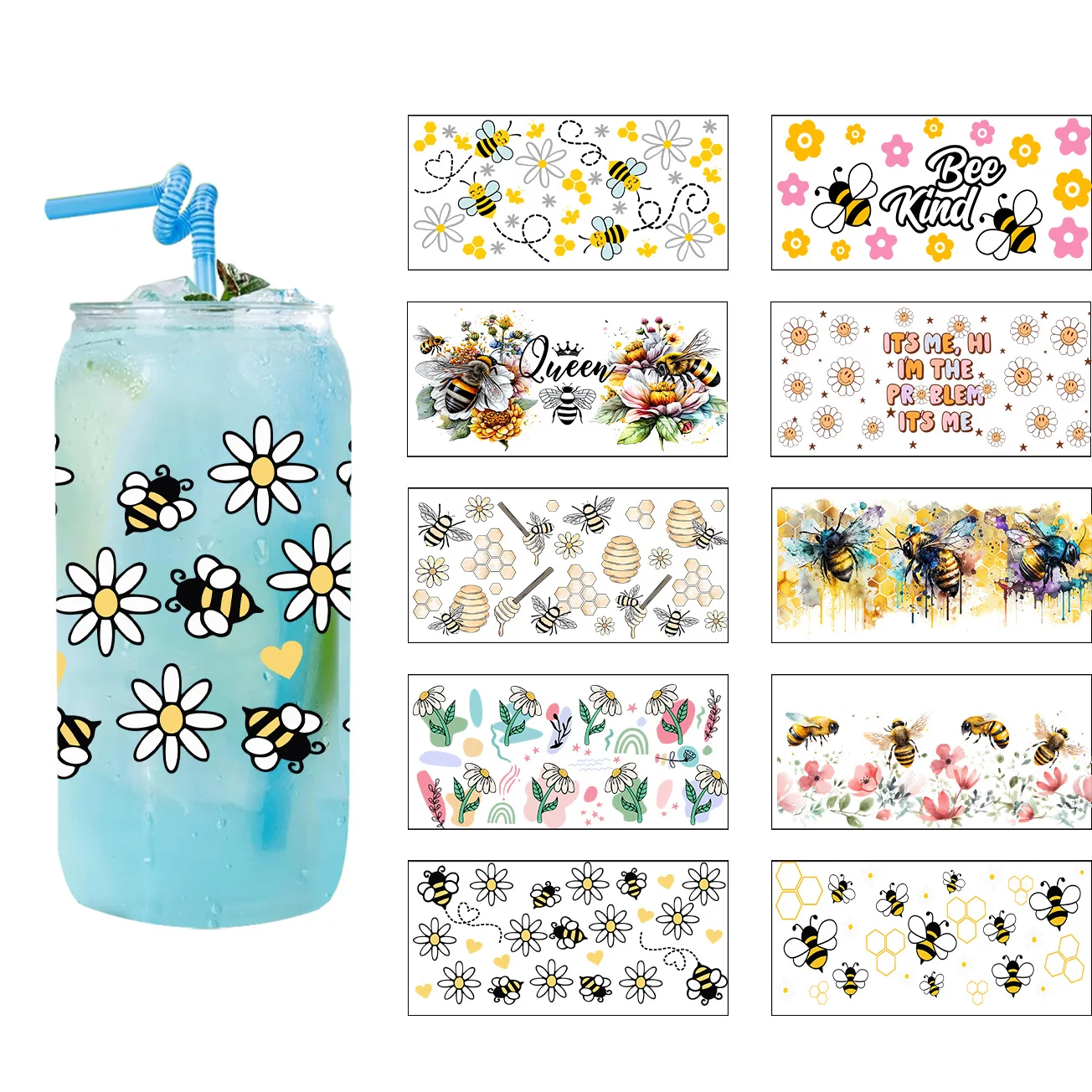 Cute Bee Kind Design Series Decal for 16oz Libbey Glasses UV DTF Cup Wrap Transfer Sticker DIY Mug Waterproof 3D Sticker