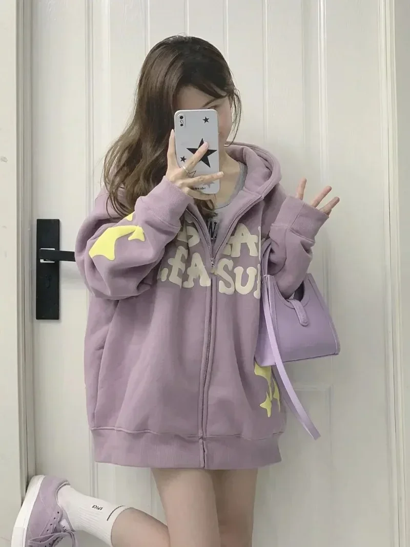 Purple Letter Star Print High Street Women Sweatshirts Japanese Harajuku Sweet Fleece Hooded Sudadera Loose Y2k Preppy Style