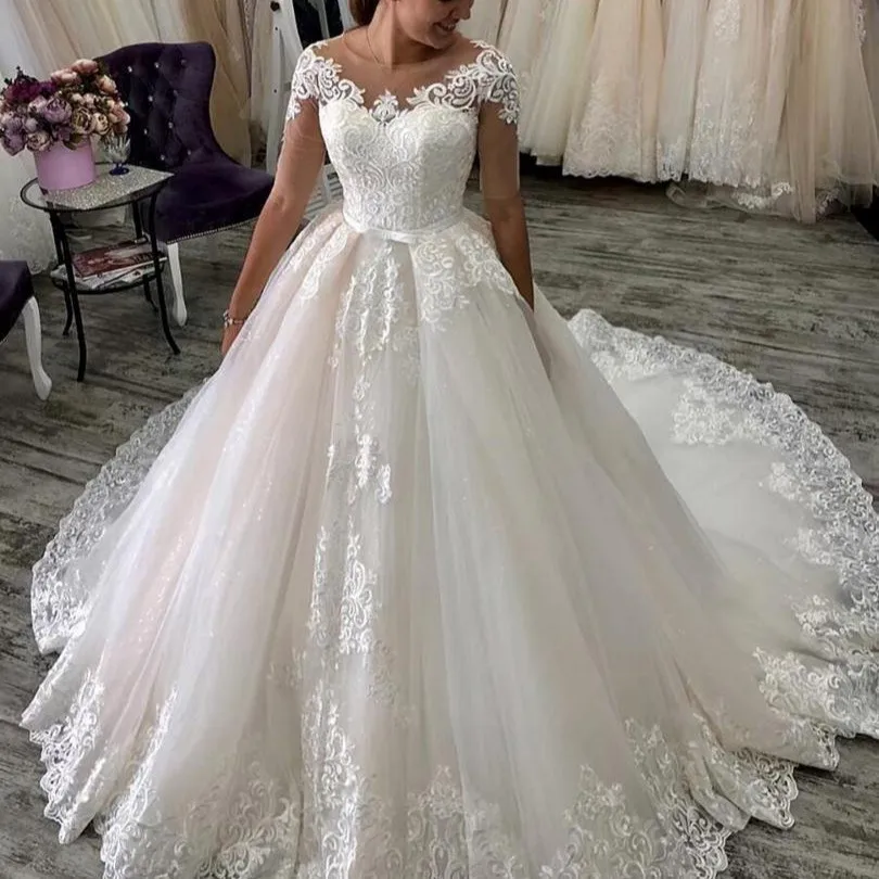 MYHS-2026 New Arrival plus Size Elegant Bridal Dress Lace Short Sleeve French Light Slimming Long Train Dreamy Wedding Gown