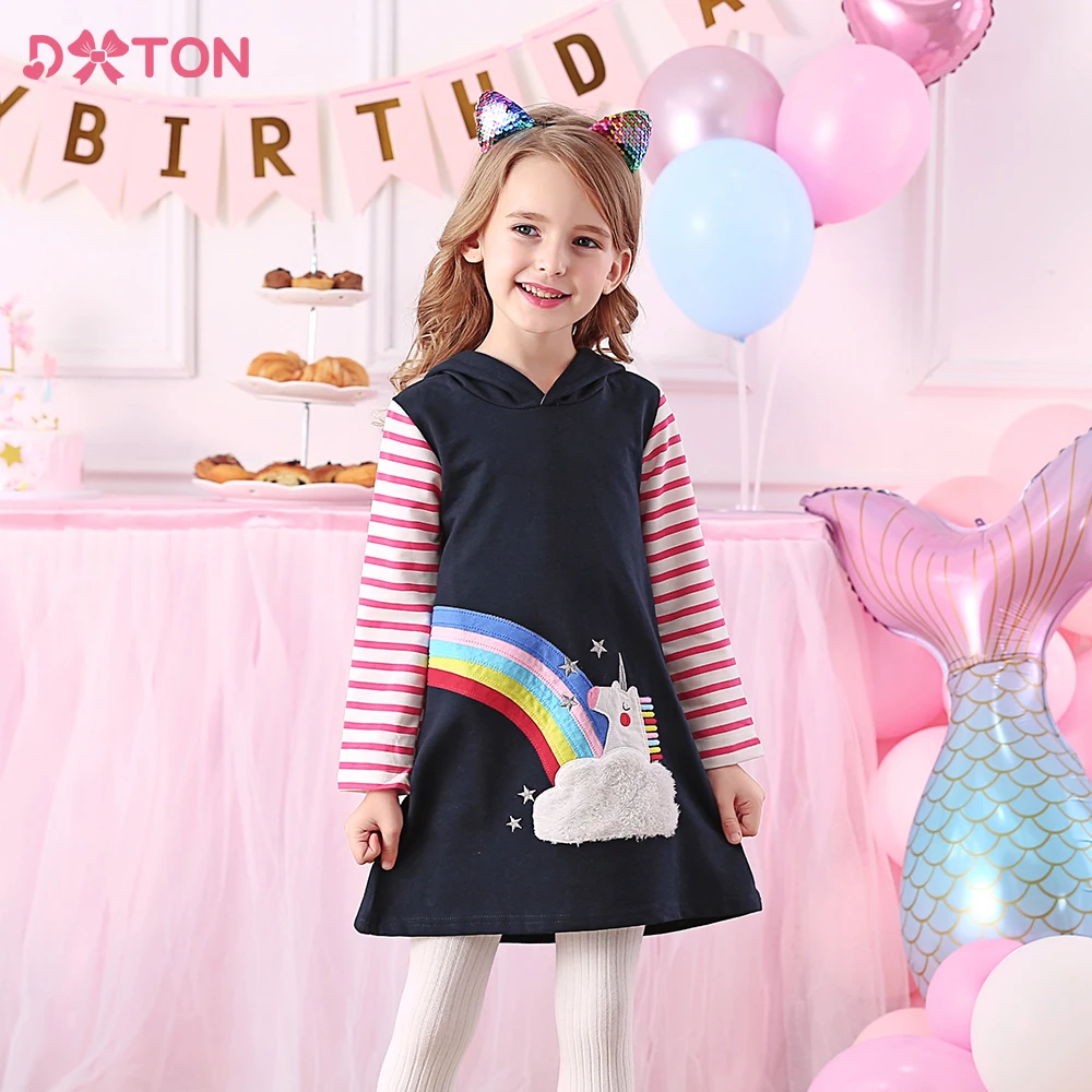 

DXTON Autumn Girls Clothing Hooded Children Daily Dress Kids Rainbow Applique Toddler Girls Dress Unicorn Kids Hooded Dresses