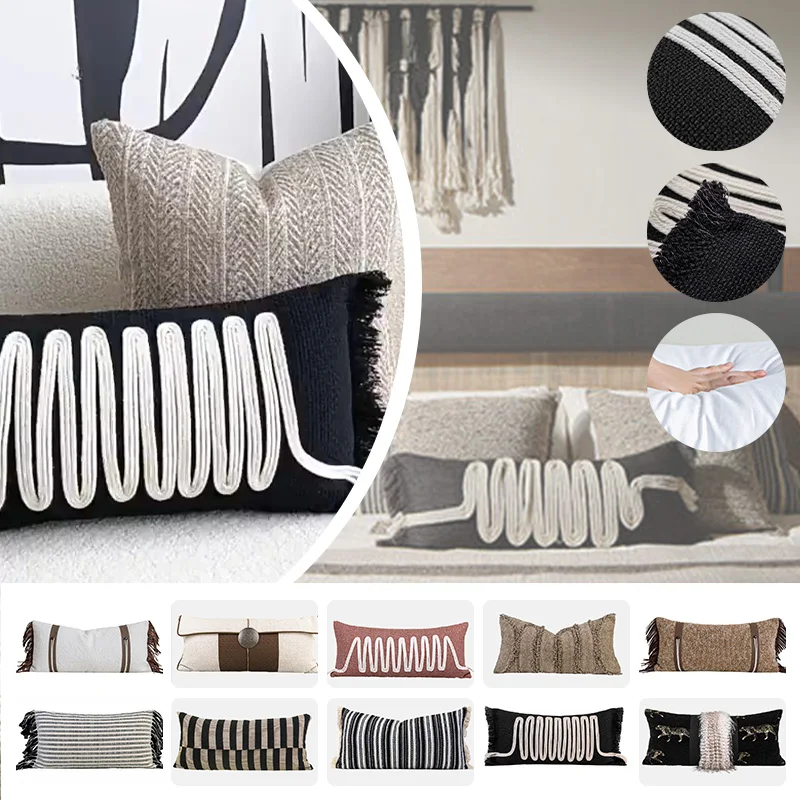 Japanese Wabi Sabi Style Long Lumbar Pillow Cover Black 30x60cm Rectangular Waist Cushion Case Sofa Waist Support Pillowcase