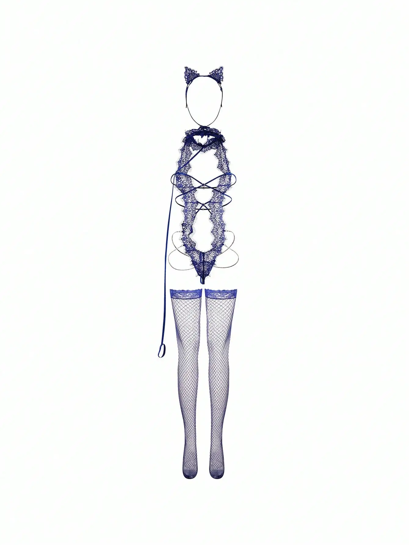 

Blue Lace Bodysuit Set with Cat Ears Headband and Fishnet Stockings
