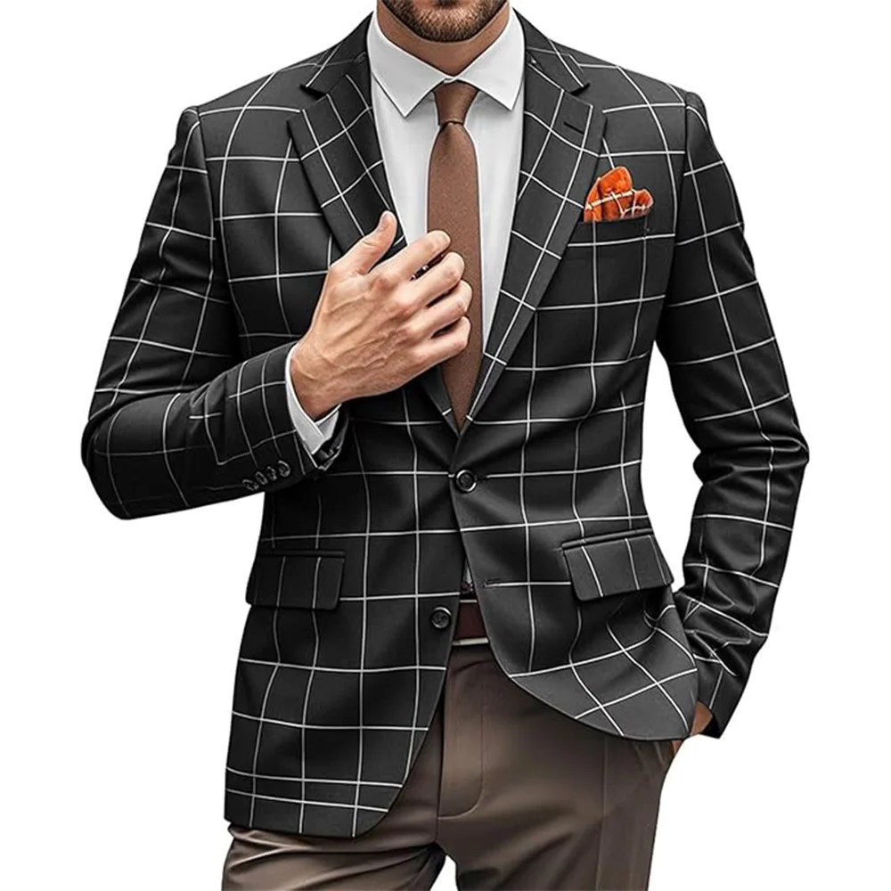 Men's Blazer Plaid Decorated Jacket Summer Single-Piece Jacket Casual Jacket Men's Business Office Workwear