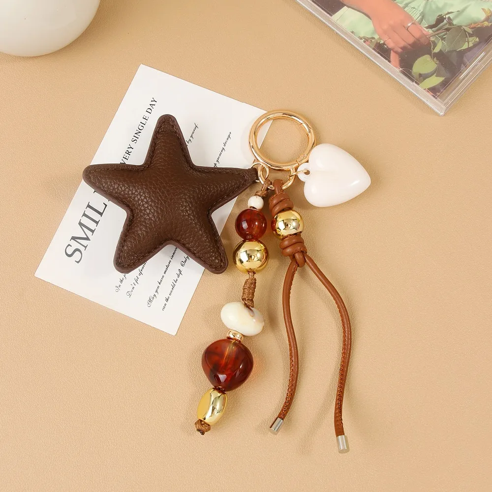 Star Bag Charm Brown Leather Beaded Keychain Layered Purse Accessory For Handbag Tote Bag Gift For Women Everyday Purse Styling
