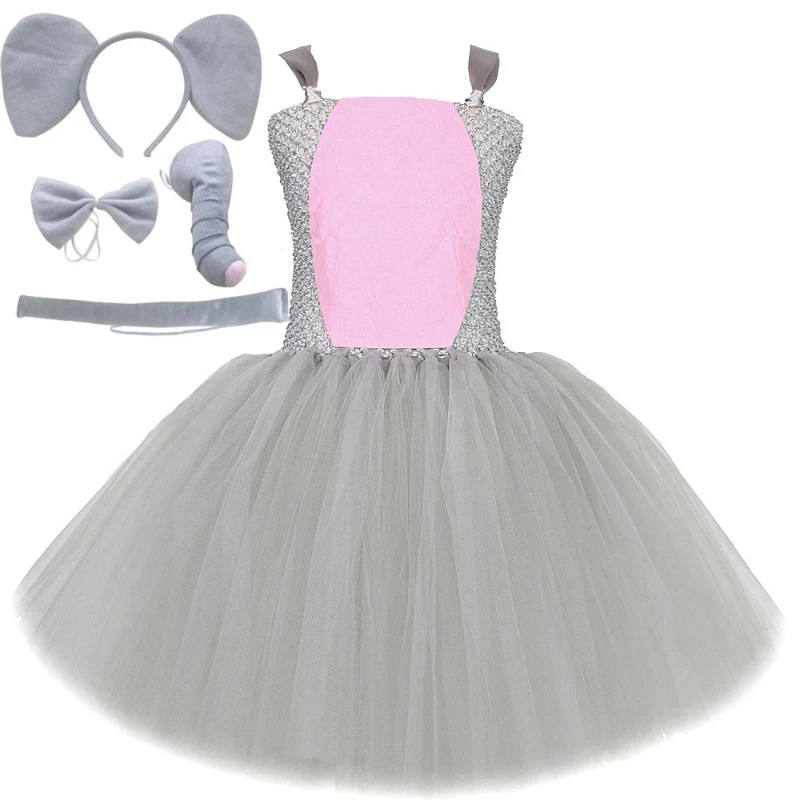 Girls Tutu Dress Elephant Costume Kids Toddler Gray Pink Baby Girl Halloween Holiday Jungle Party Animal Dress Up Clothes Outfit