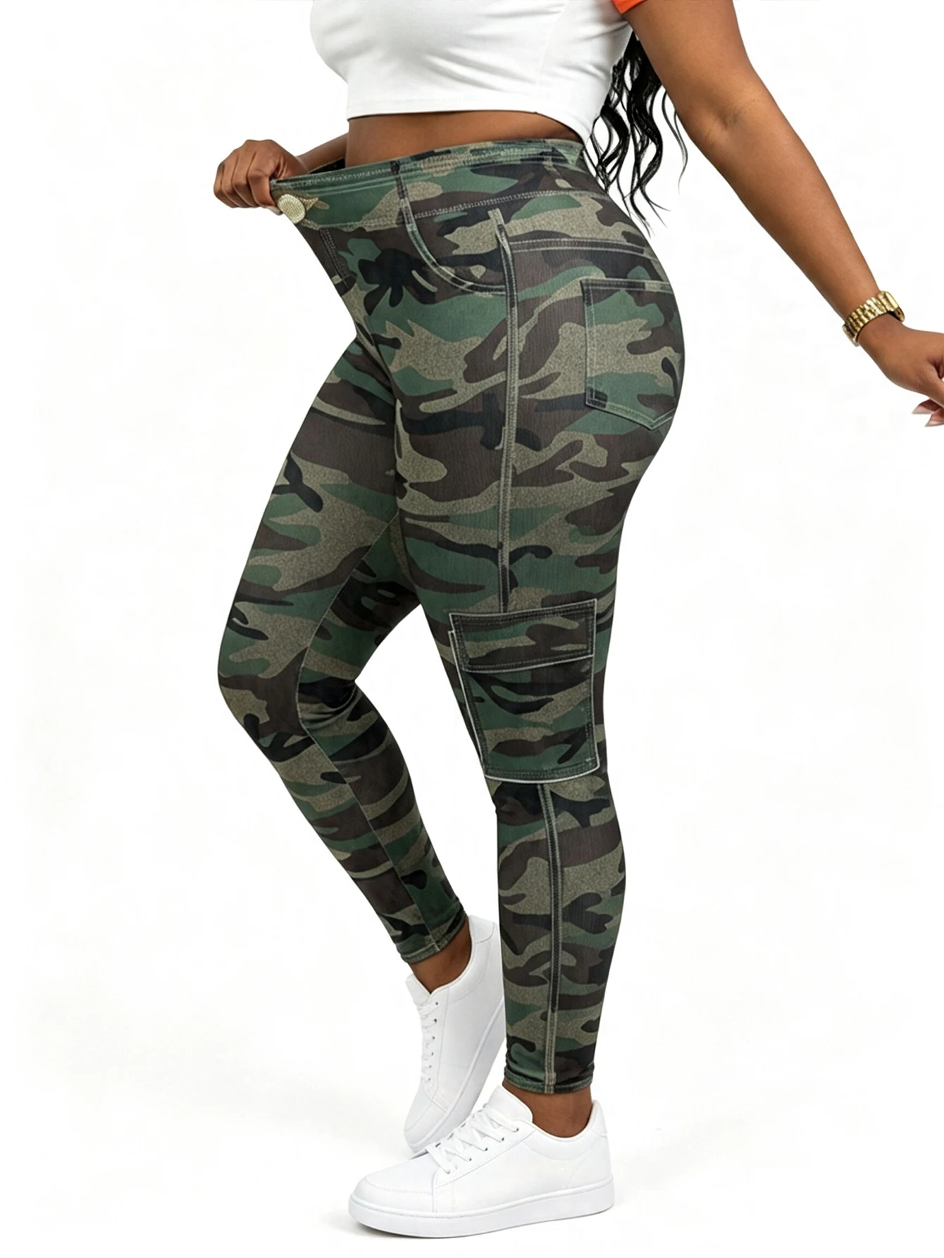 Plus Size Women All Over Camo Print Leggings Low Waist Stretch Skinny Faux Cargo Pockets Casual Daily Bodycon Trousers