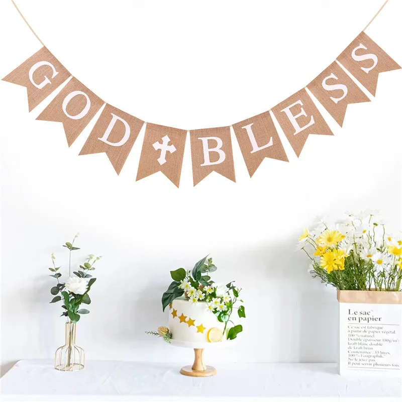 GOD BLESS Streamers Banners Baby Baptism Communion Party Banners Burlap Dovetail Pull Flag Baby Baptismal Party Decor Supplies