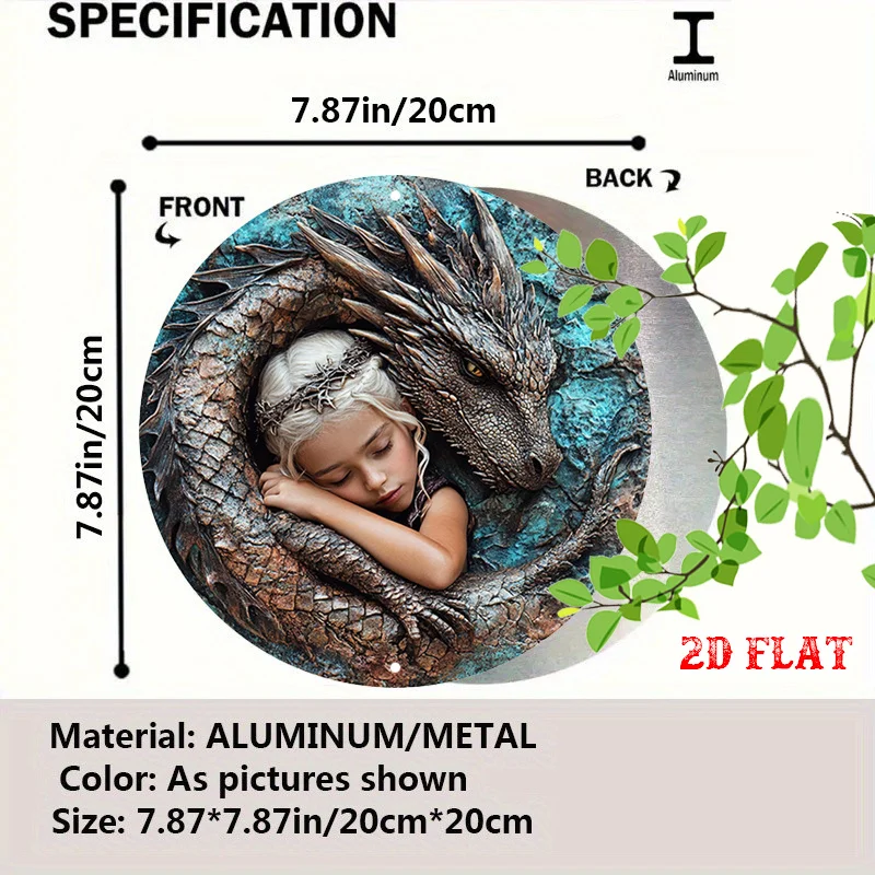 2D Flat 1pc Dragon Round Aluminum Sign,Fantasy World Round Wall Art,Magical Creatures Decorative plaque,Ancient Myth Perfect