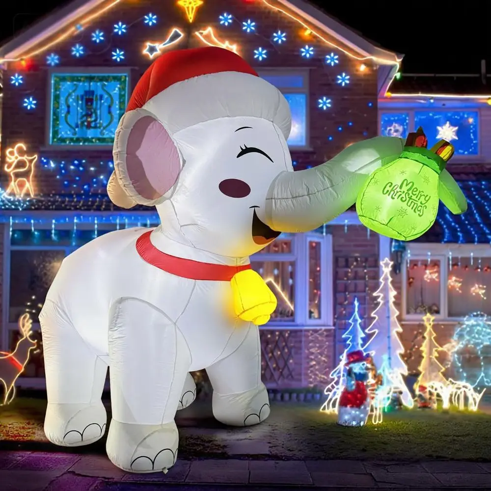 11-Foot White Elephant Christmas Inflatable with Gift Box, LED Lights, Outdoor Holiday Decor for Party Yard Lawn