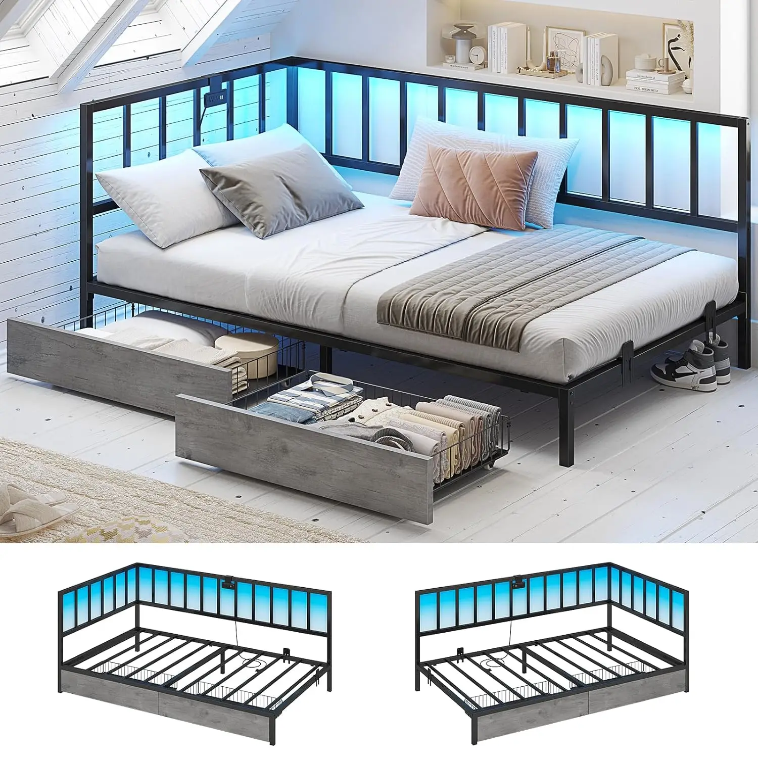 

Кровать Twin XL с угловым хранилищем, выдвижными ящиками, ограждением, LED-подсветкой и зарядной станцией для подростковой комнаты, реверсивная, на заказ