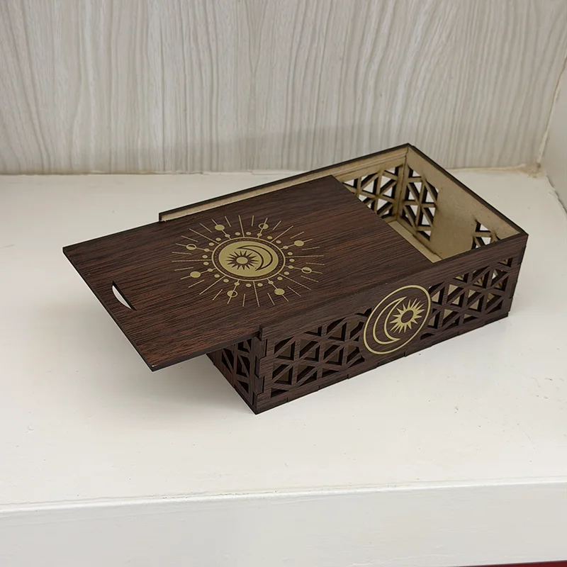 Sun and Moon Pattern Self-Assembled Wooden Storage Box, Hollow-Out Pull-Out Style Niche Jewelry Tarot Card Storage Ornament