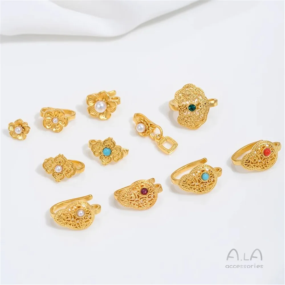 Vietnamese Sand Gold Accessories Inlaid with Pearls Flower Beads Ruyi Gourd Placket Bracelet Jewelry Closing Buckle