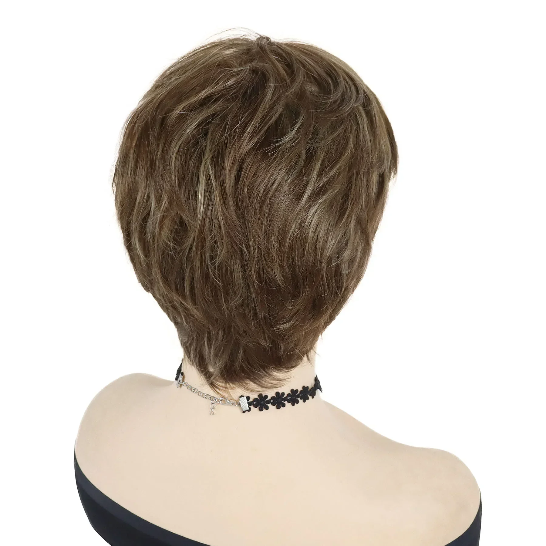 Short Brown Wigs for Men Synthetic Brown Mixed Blonde Highlight Short Wig with Bangs Natural Hairstyles Straight Cuts Mom Wigs