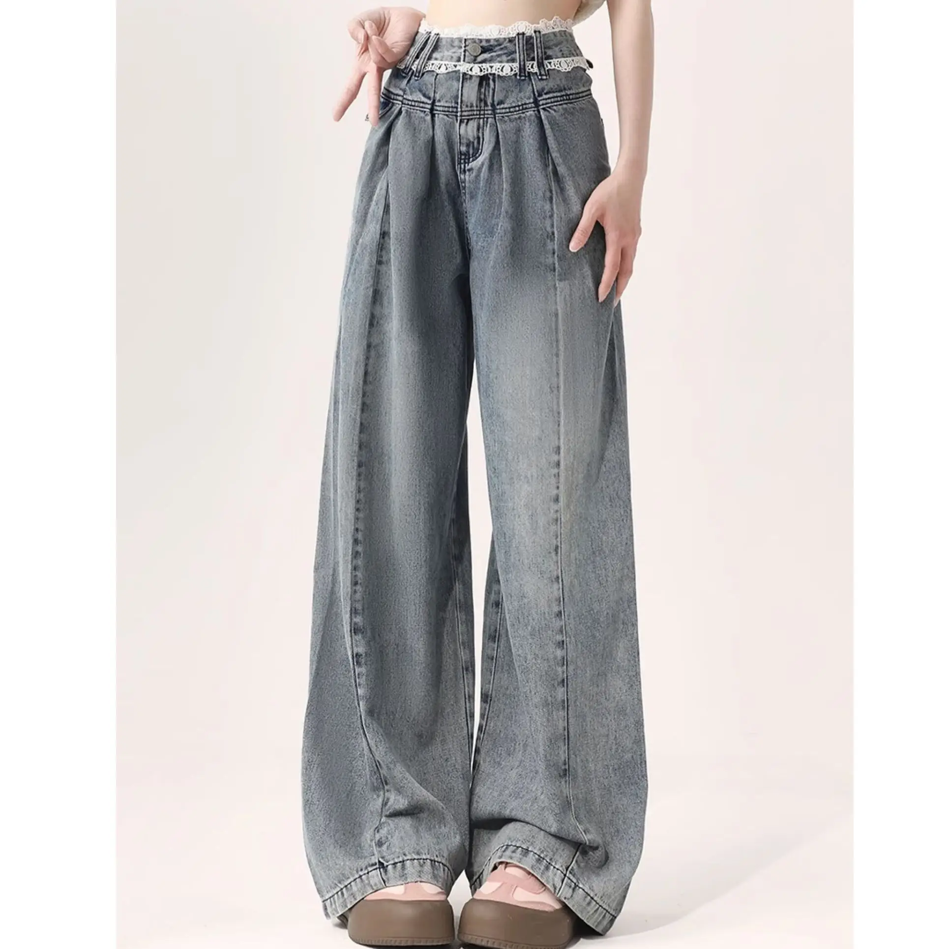 High Waist Women's Jeans Wide Leg Pants Y2K Trendy Stretchy Baggy Denim for Curvy Figures Retro Pinup Style Trousers