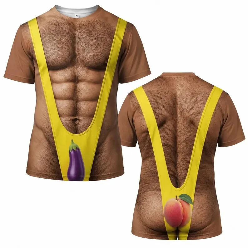 Men Funny 3D Leopard Print Suspender Bikini Fake Muscle Graphic T-Shirt Short Sleeve Novelty Beach Party Casual Streetwear Tees