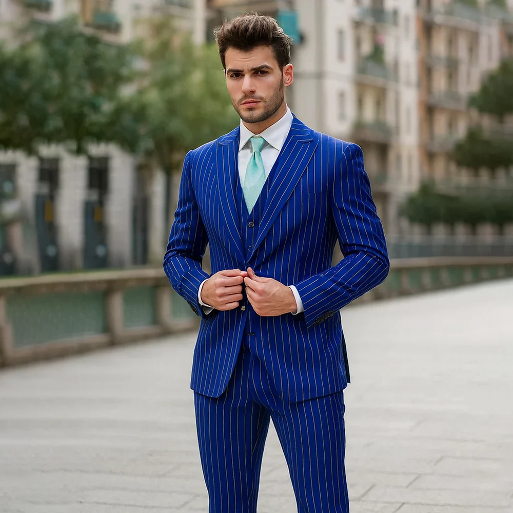 

Royal Blue Pinstripe Suits for Men Handsome Single Breasted Peak Lapel 3 Piece Jacket Pants Vest Full Sets High Quality Outfits