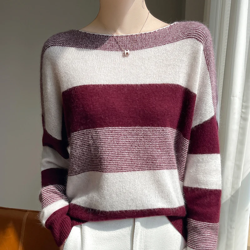 Korean Top Spring Autumn New 100% Merino Wool Sweater Women's Round Neck Knitted Pullover Fashion Striped Loose Large Size Shirt