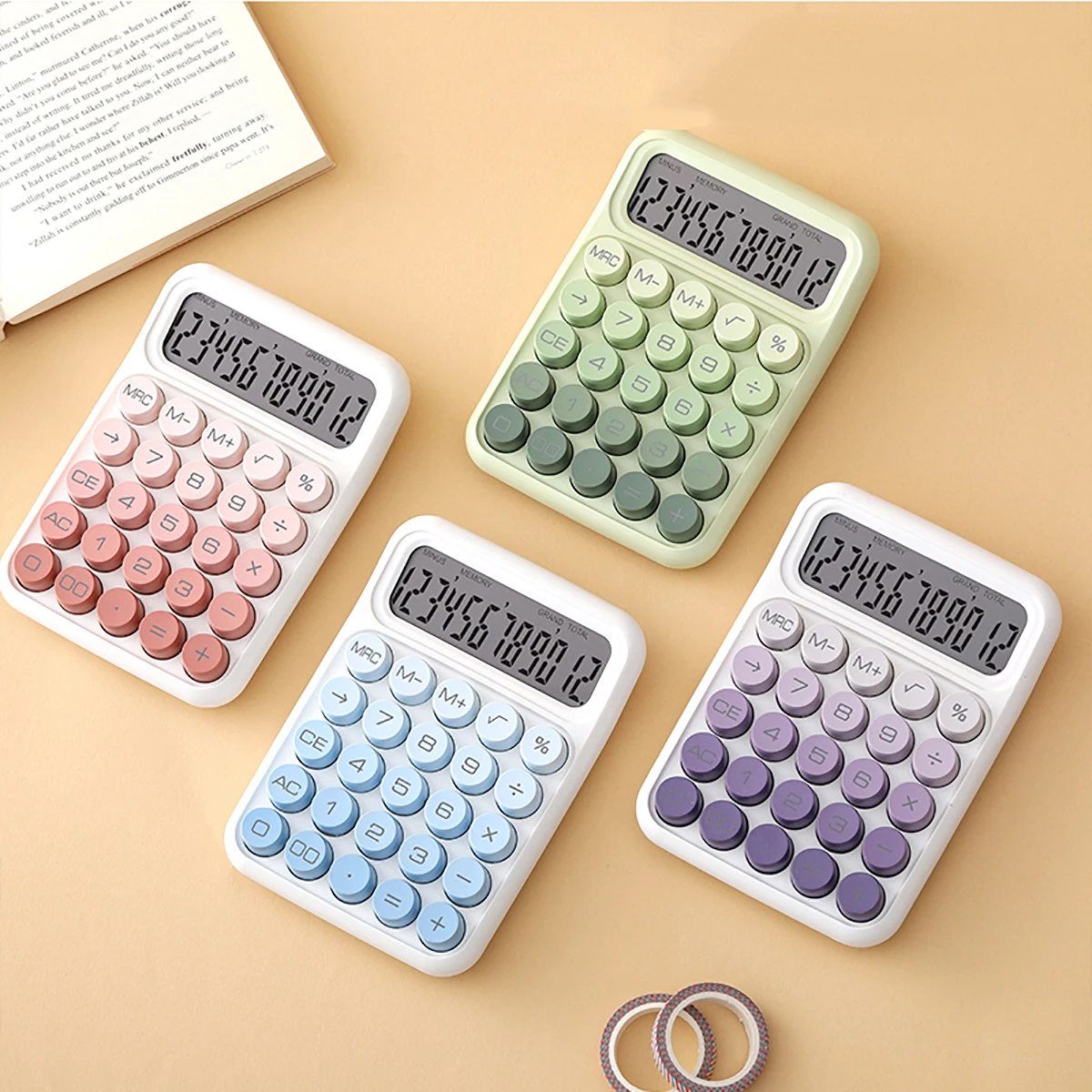 

1 multi-dopamine color calculator with a large 12-digit display, suitable for use in offices, schools, and bank front desks.