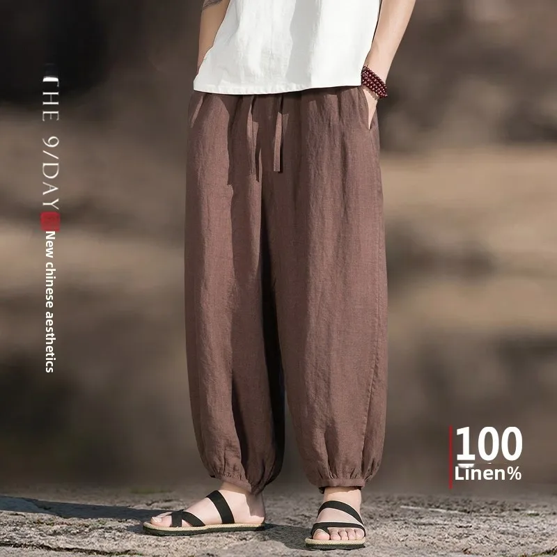 

Летние повседневные брюки в китайском стиле из чистого льна, мужские тонкие широкие брюки-фонарики, парные укороченные свободные брюки-кюлоты