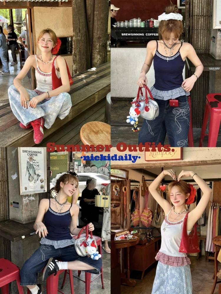 

NIIDAILY Korean Sle Plaid ter Vest Women's oulder Strap Ruffle Hem T-irt Cotton Blend Summer Outerwear