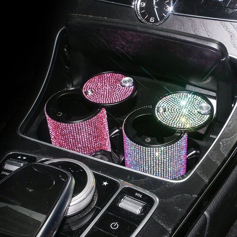 Diamond Car Ashtray Universal Crystal Rhinestone Ash Tray Auto Interior Decor Cigarette Holder Car Accessories for Girls Women