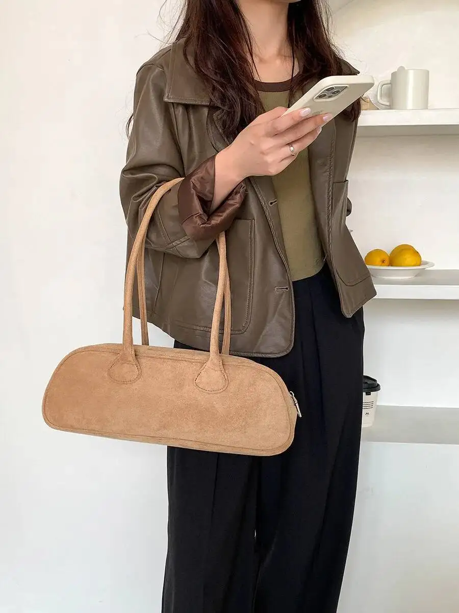 Bloom Vintage Blue Shoulder Bags Women High Street Suede Surface Chic Casual Handbag Purse Female Retro Underarm Bag Aesthetic