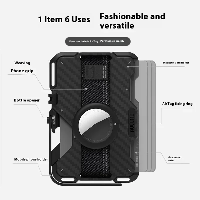 Aulumu G03 محفظة مغناطيسية من الجلد الطبيعي/ألياف الكربون: 6 في 1 حامل بطاقات متعدد الاستخدامات حامل قبضة فتاحة الزجاجات RFID Shield Cutom