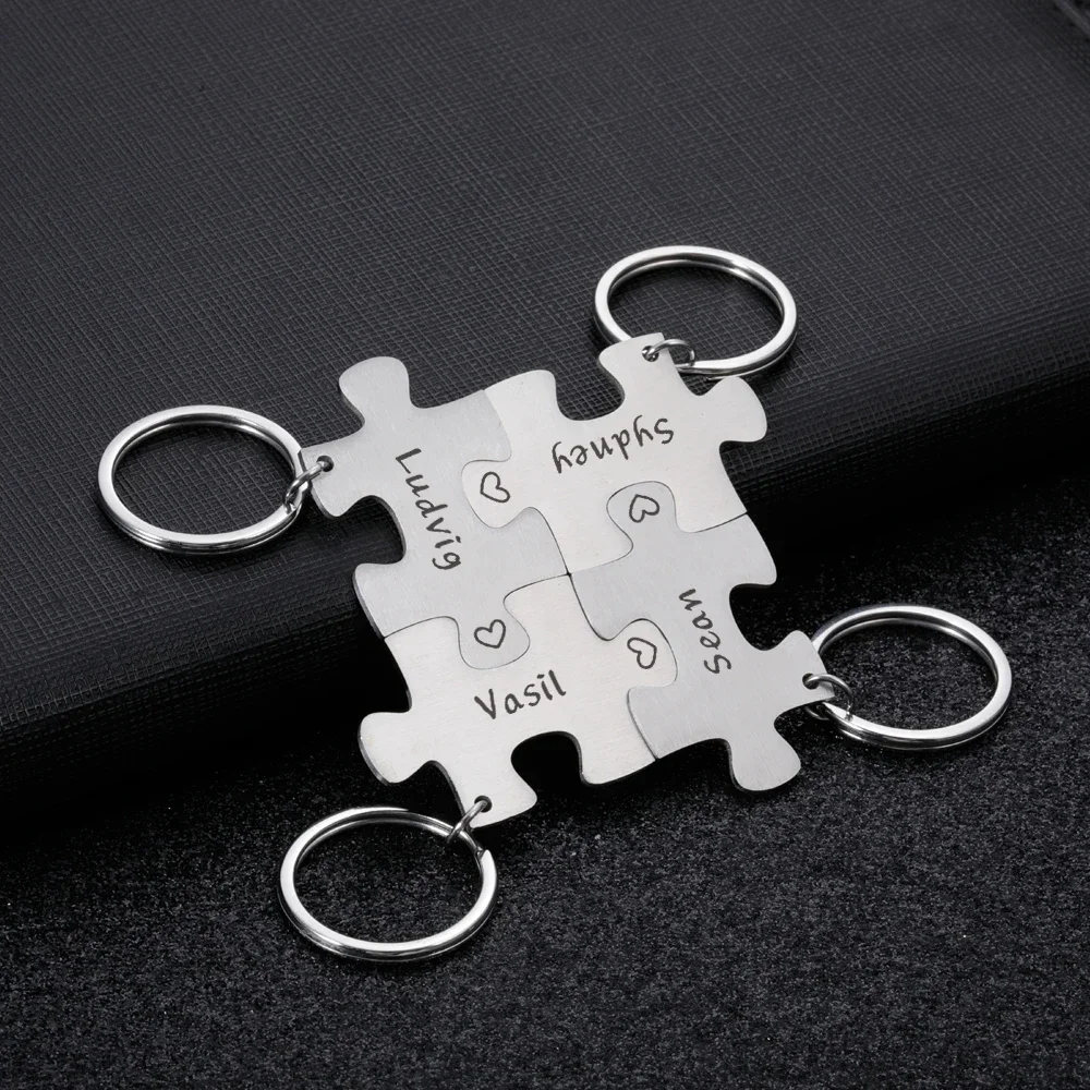 4 PCS Personalized Puzzle Piece Keychain Customized with Names Key chain for Family Member Friends Relationship Christmas Gifts